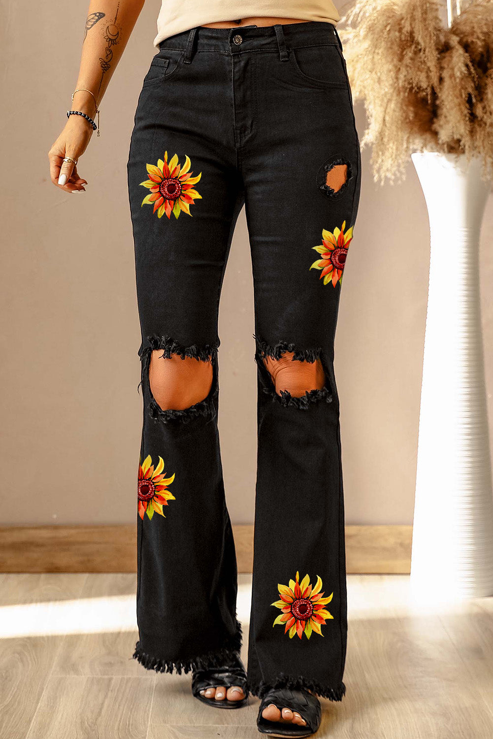 High Waist Ripped Bell Bottom Jeans