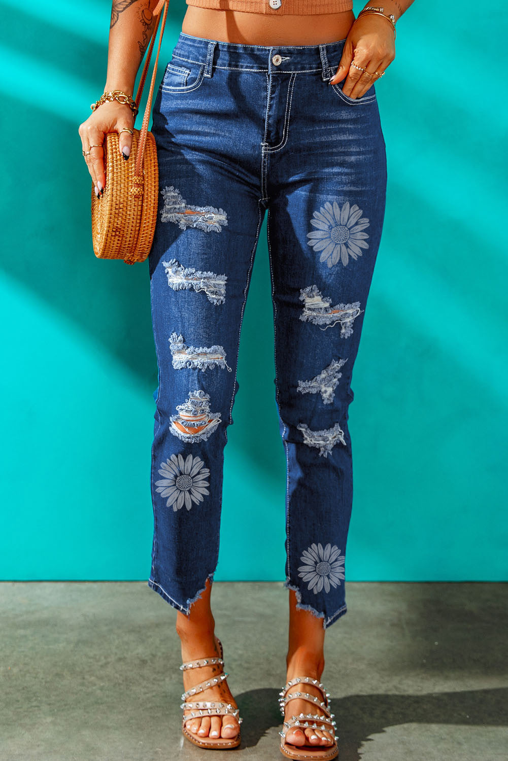 Medium Wash High Rise Distressed Skinny Jeans