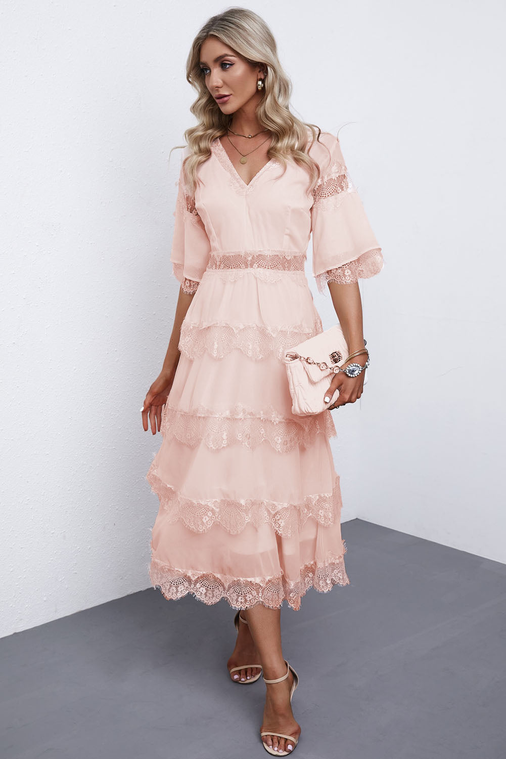 Swiss Dot Print See-through Lace Patch Layered Long Dress