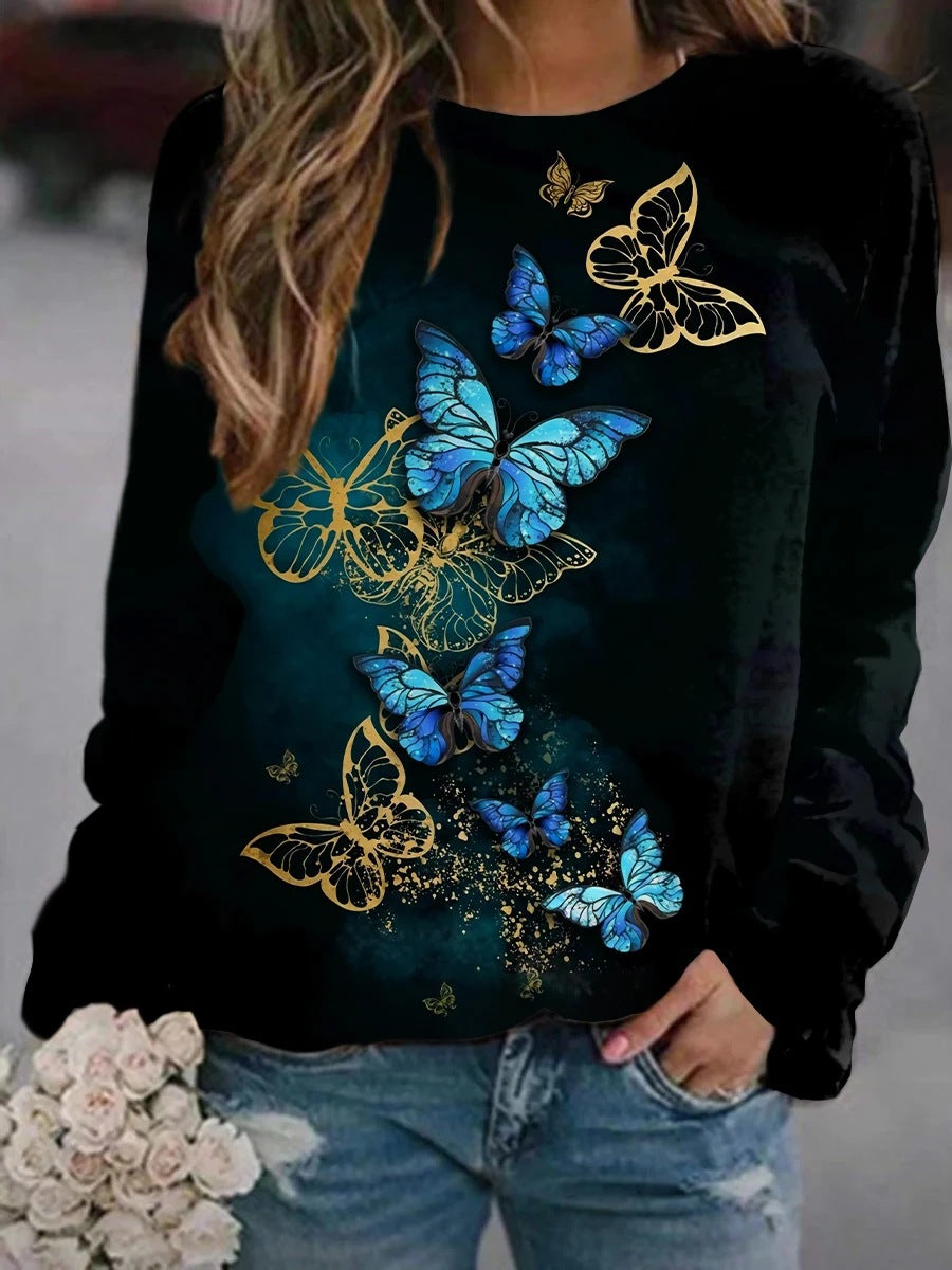 Floral Butterfly Round Neck Long Sleeve Sweatshirt Women T-shirt