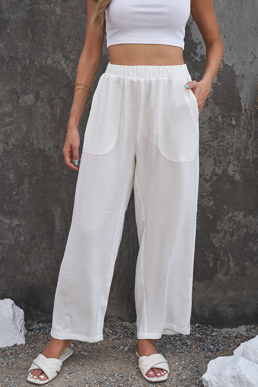 Elastic Waist Pocketed Wide Leg Pants