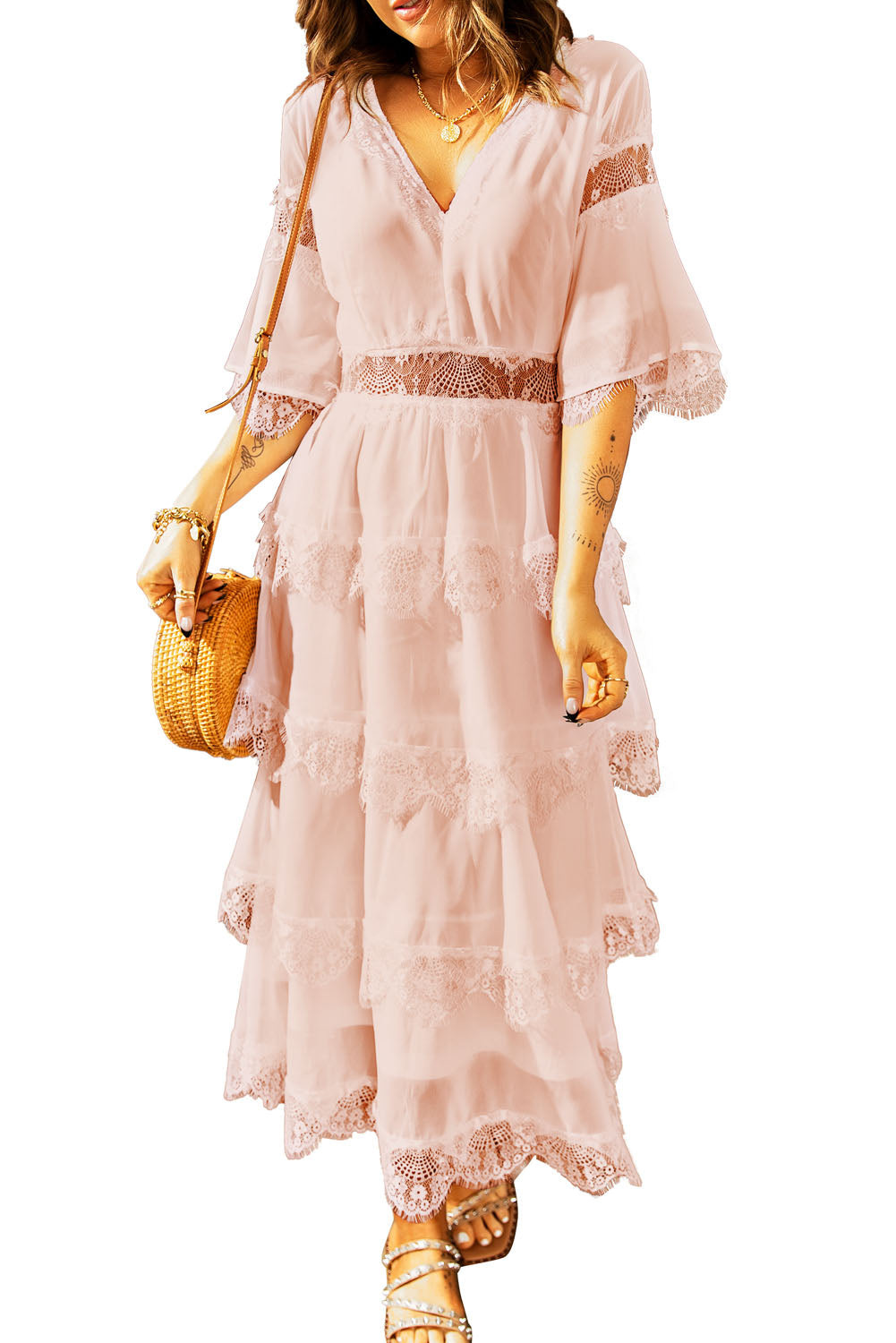 Swiss Dot Print See-through Lace Patch Layered Long Dress