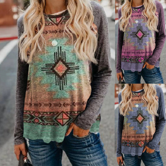 Casual Round Neck Retro Ethnic Print Long Sleeves