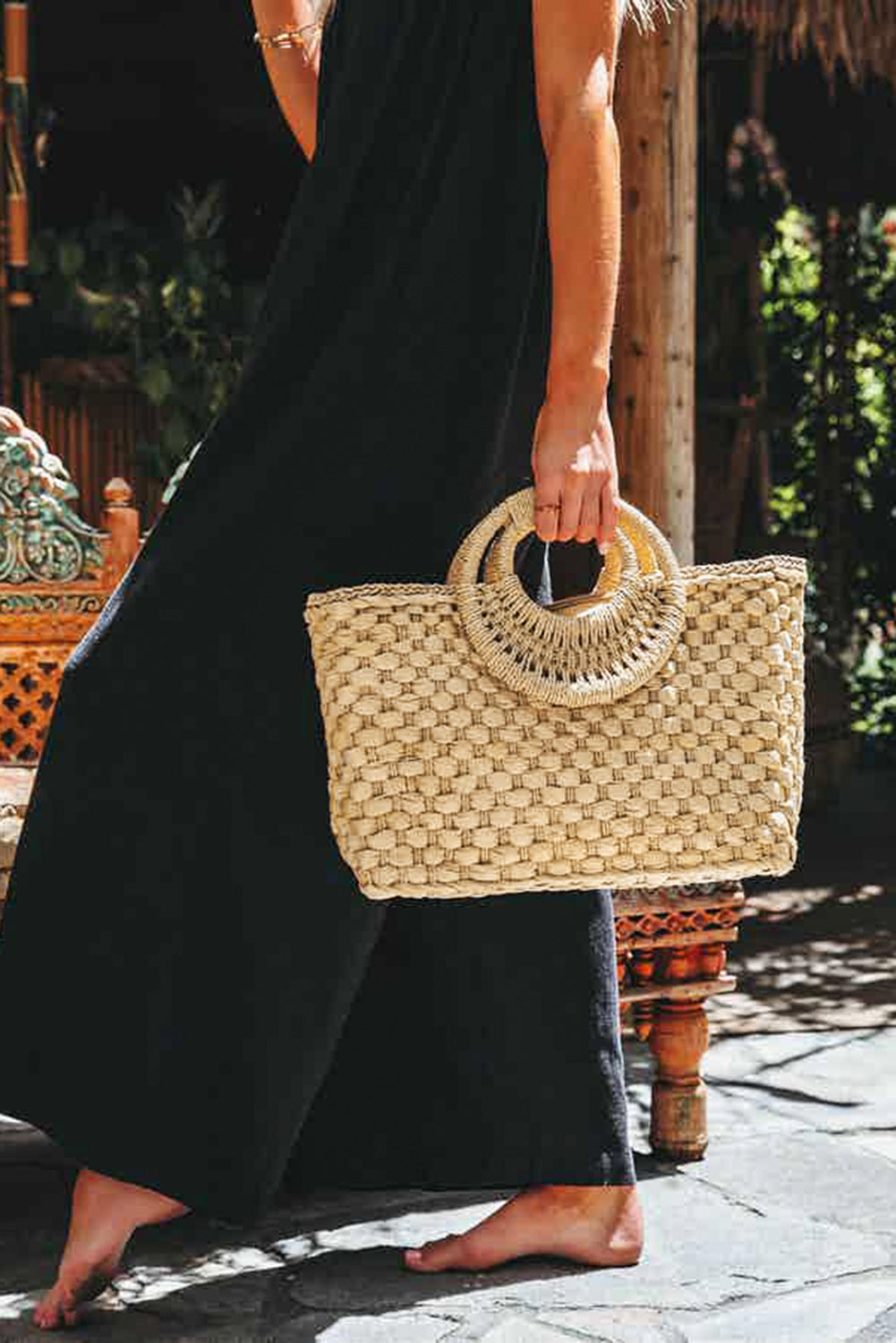 Khaki Vintage Square Portable Handwoven Beach Bag