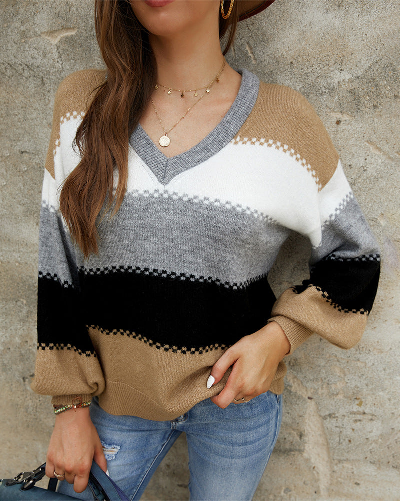 Fashion Women's V-neck Stitching Polyester Sweater