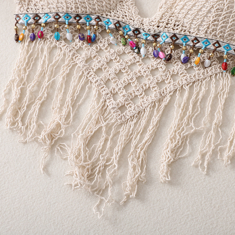 Versatile Fringed Crochet Suspender Sleeveless Knitted Top