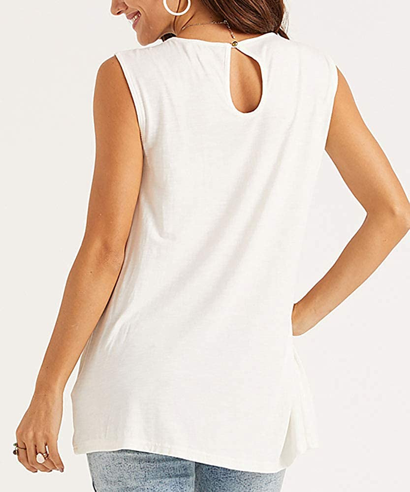 Women'S Sleeveless Tank Tops Crochet Lace Shirts Summer Basic Casual Loose Fit Tees Tunics Pleated Blouses