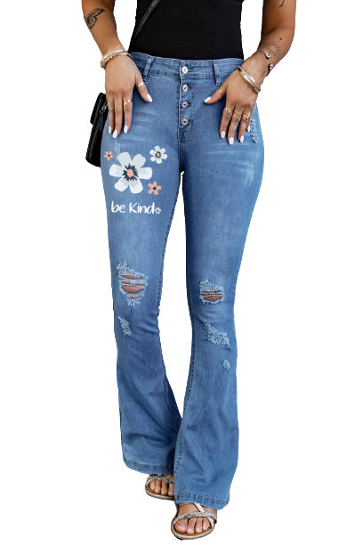 Dark Blue Mid Rise Button Front Flare Denim