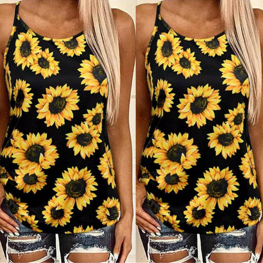 Amazon AliExpress Summer New Printed T-shirt Cross Hollow Back Spaghetti-strap Camisole Top Women In Stock