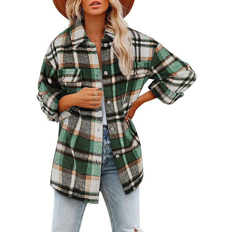 Women's Long Sleeve Lapel Loose Plaid Thickened Wool Jacket