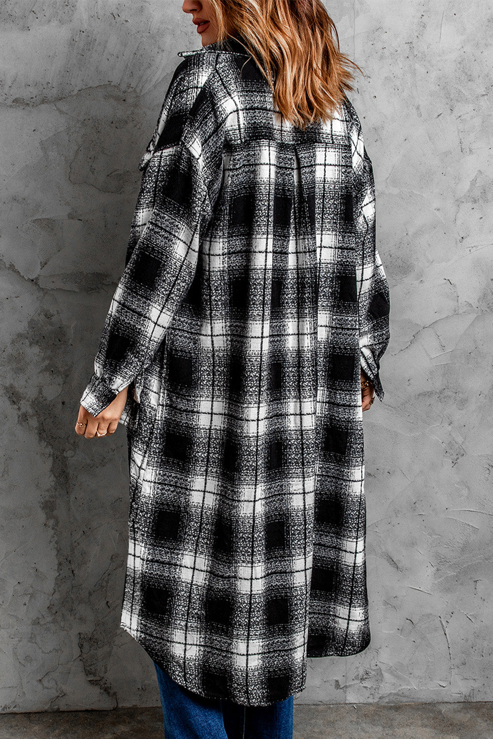 Plaid Print Buttoned Pocketed Long Sleeve Long Coat