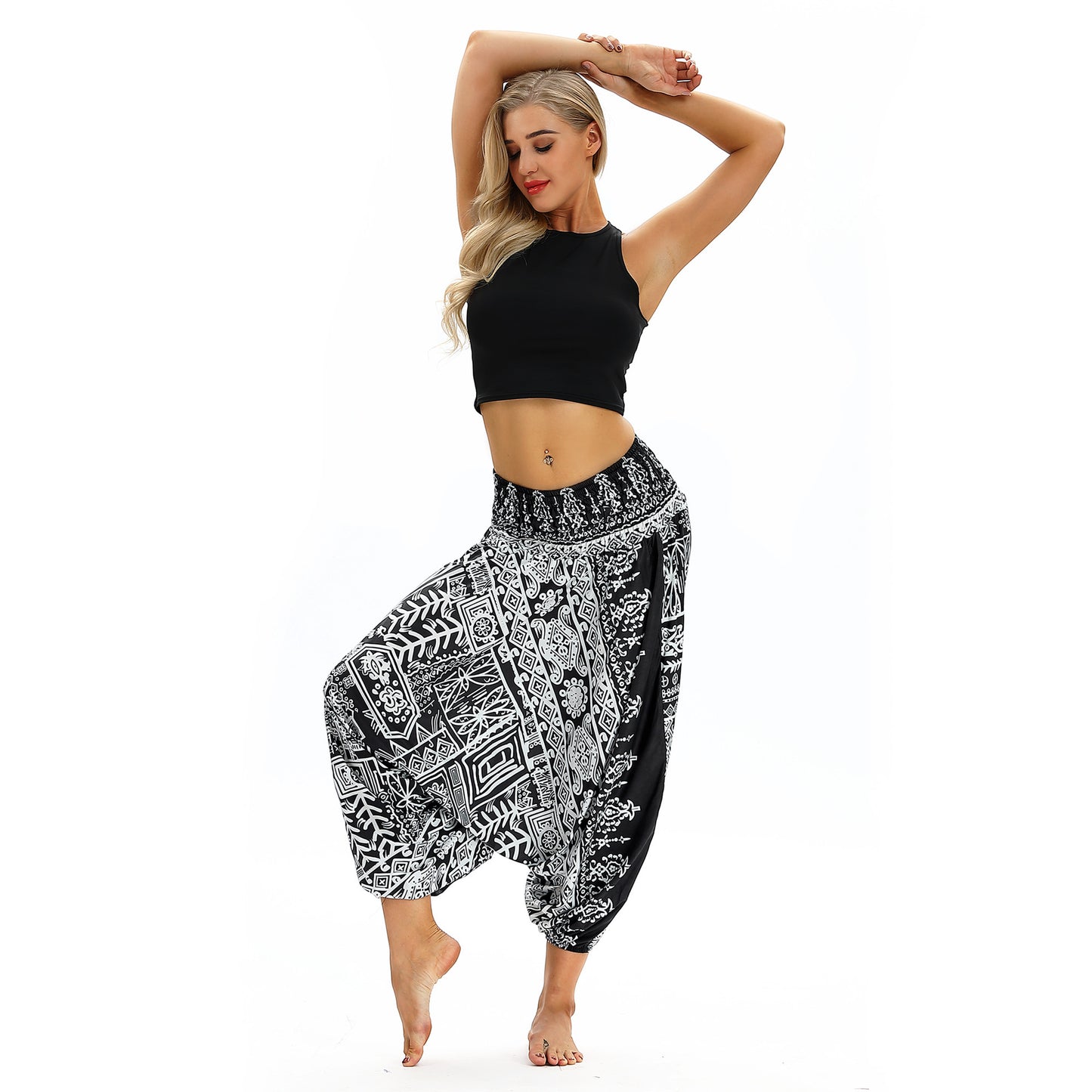 Peacock Feather Ethnic Dance Loose Crotch Ankle Banded Slacks