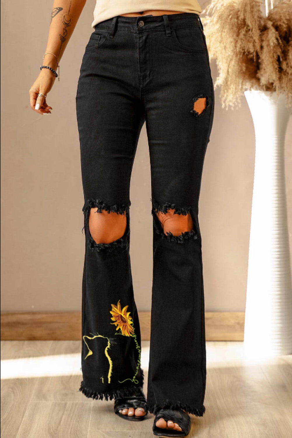 High Waist Ripped Bell Bottom Jeans