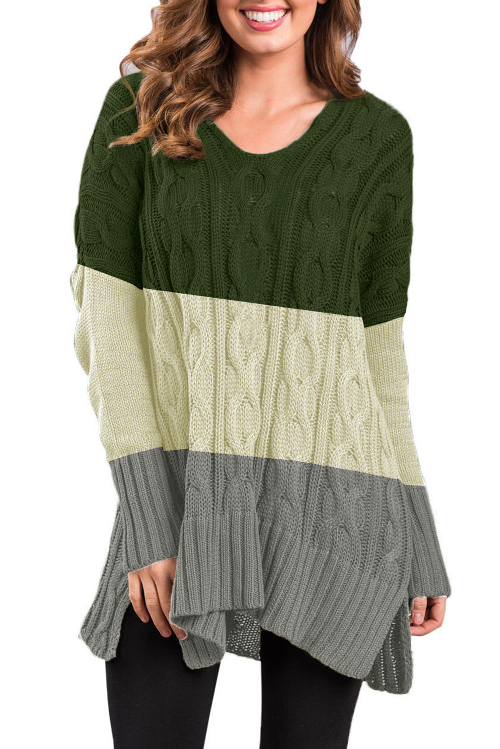 Colorblock Cable Knit Sweater with Slits