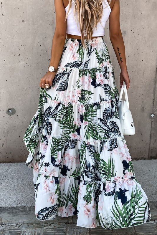 Tropical Floral Print Tiered Ruffle High Low Skirt