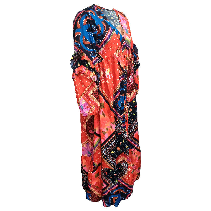 Women's V-Neck Long Sleeve Printed Boho Dress