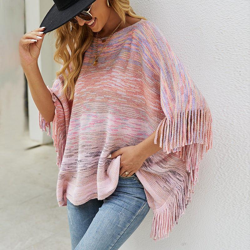 Shawl Cloak Sweater Striped Fringed Hem Coat