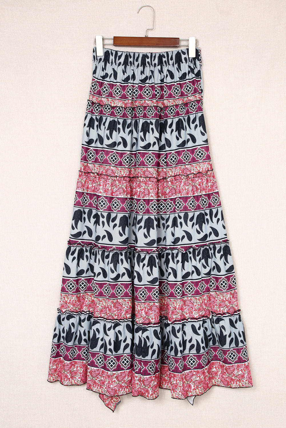 Tropical Floral Print Tiered Ruffle High Low Skirt