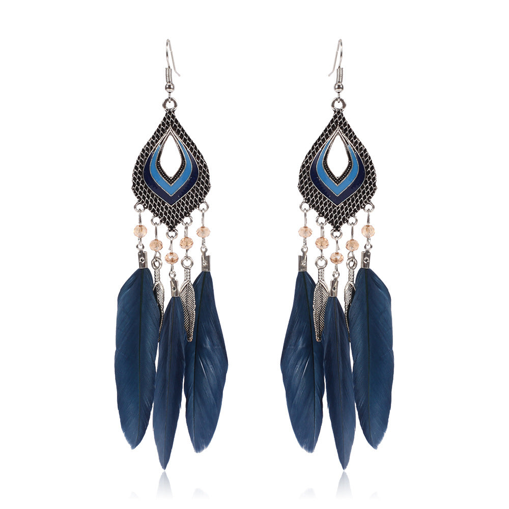 Super Fairy Seaside Holiday Feather Earrings Fan Shizu Street Shooting Long Hollow Oil Dripping Rice Bead Earrings