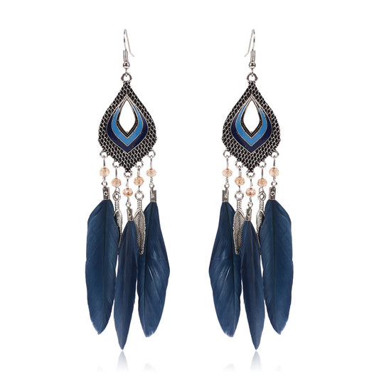 Super Fairy Seaside Holiday Feather Earrings Fan Shizu Street Shooting Long Hollow Oil Dripping Rice Bead Earrings