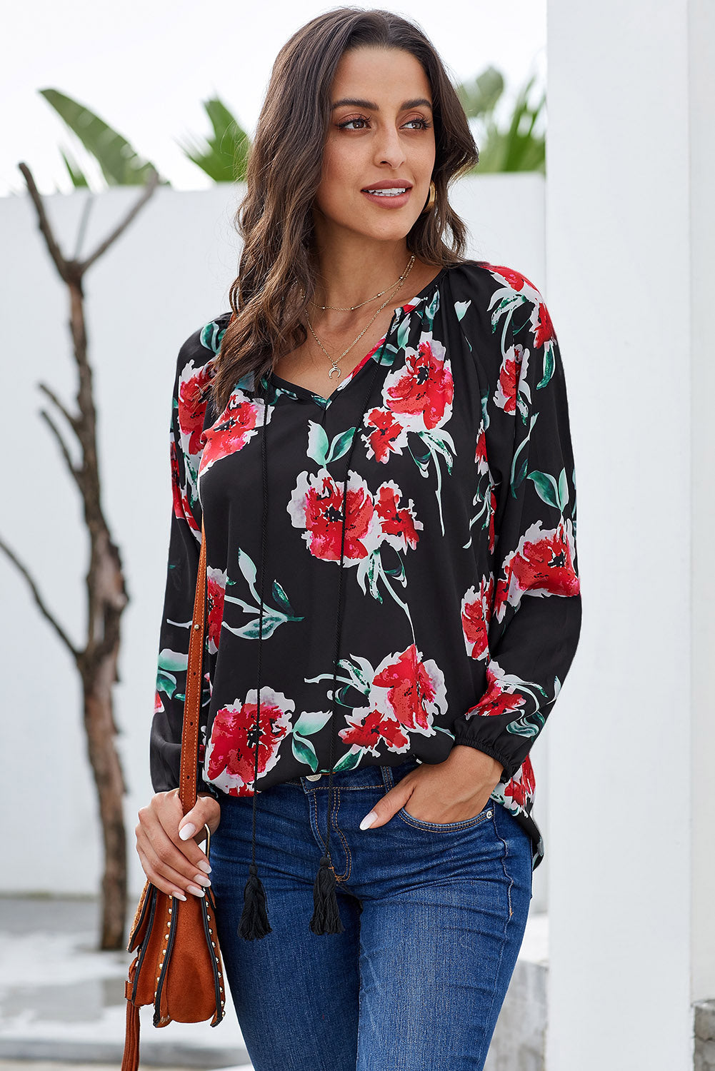 Multicolor Floral Print Peasant Blouse