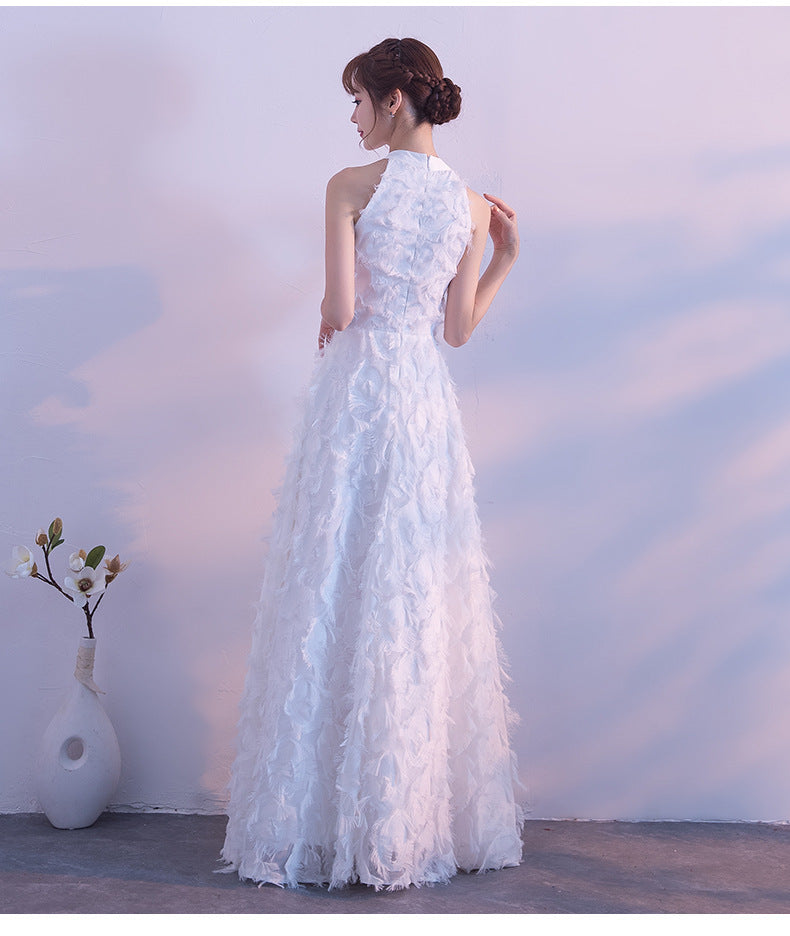 Fringed Feather Halterneck Off-the-shoulder Fashion Evening Dress