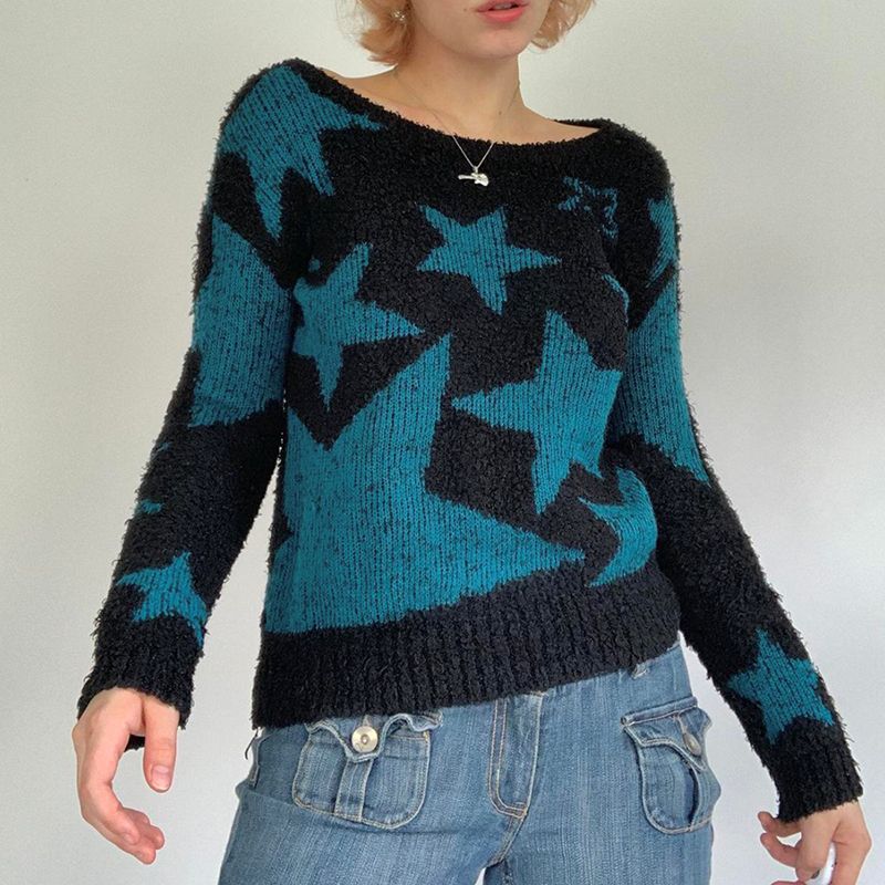 Color Contrast Star Long Sleeved Sweater Women