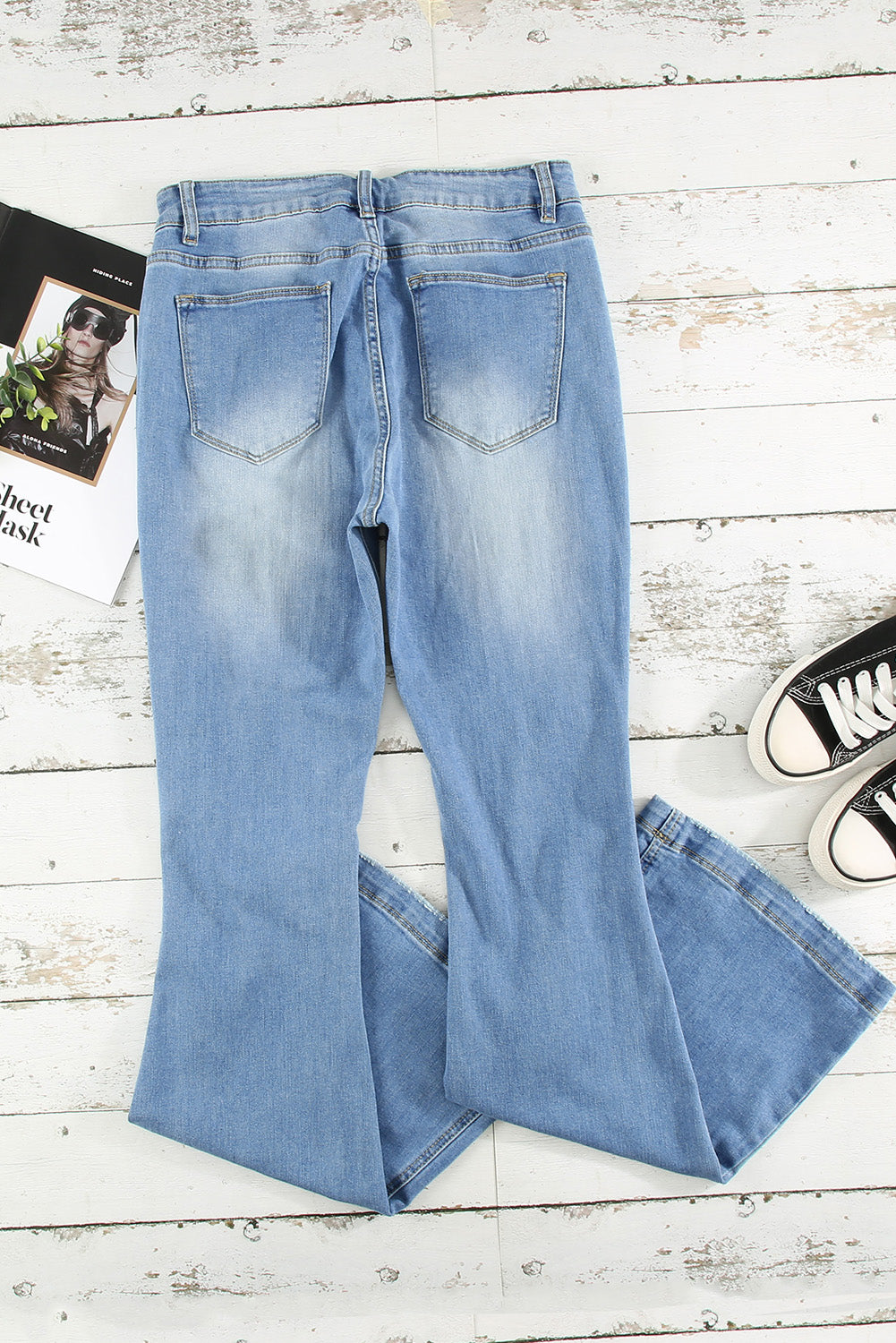Dark Blue Mid Rise Button Front Flare Denim