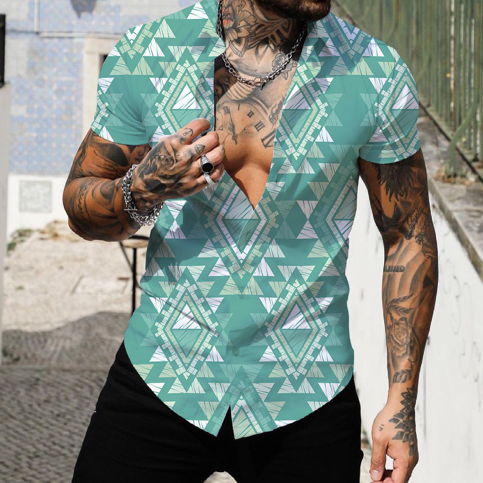 Men's 3D Digital Geometric Printed Short-sleeved Shirt