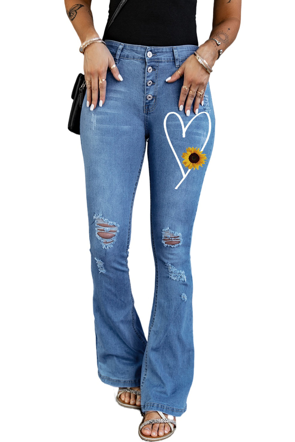 Dark Blue Mid Rise Button Front Flare Denim