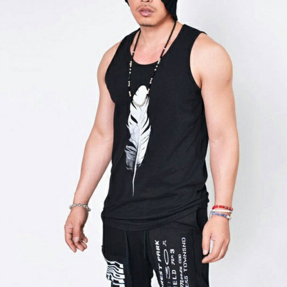 Summer Solid Color Black And White Feather Print Sleeveless T-shirt