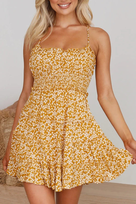 Spaghetti Straps Ruffle Floral Dress