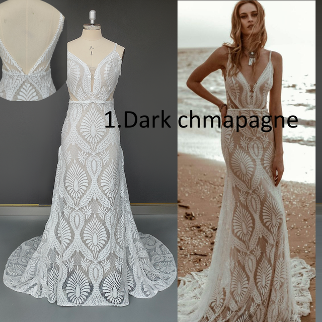 Vestido Bohemian Wedding Dress V Neck Lace Boho Spaghetti Straps Backless Beach Bridal Gowns Vestido De Novia Roycebridal 2023