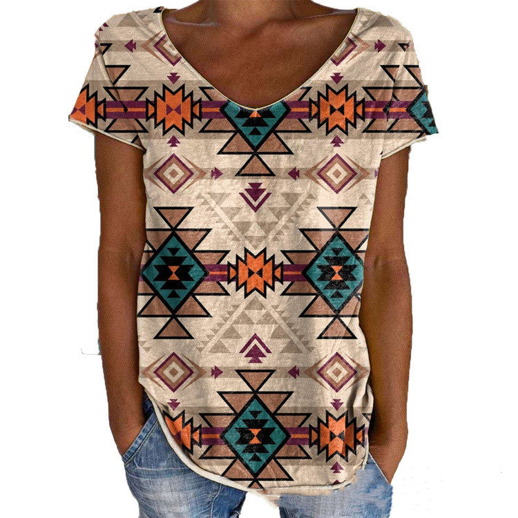 V-neck Geometric Ethnic Print Short Sleeves