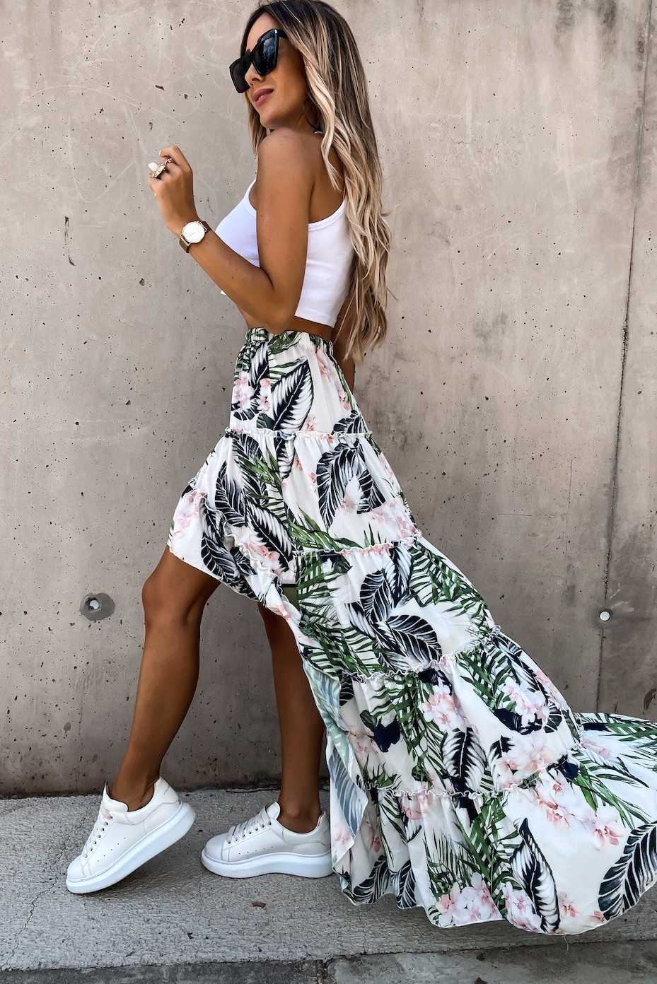 Tropical Floral Print Tiered Ruffle High Low Skirt
