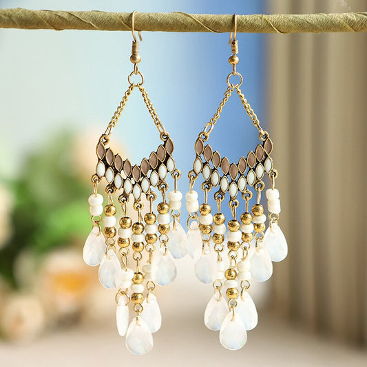 Summer Beach Fan-Shaped Acrylic Beads Tassel Earrings Fashion European &Amp; American Beige Long Earrings Women Accessories Eardrop