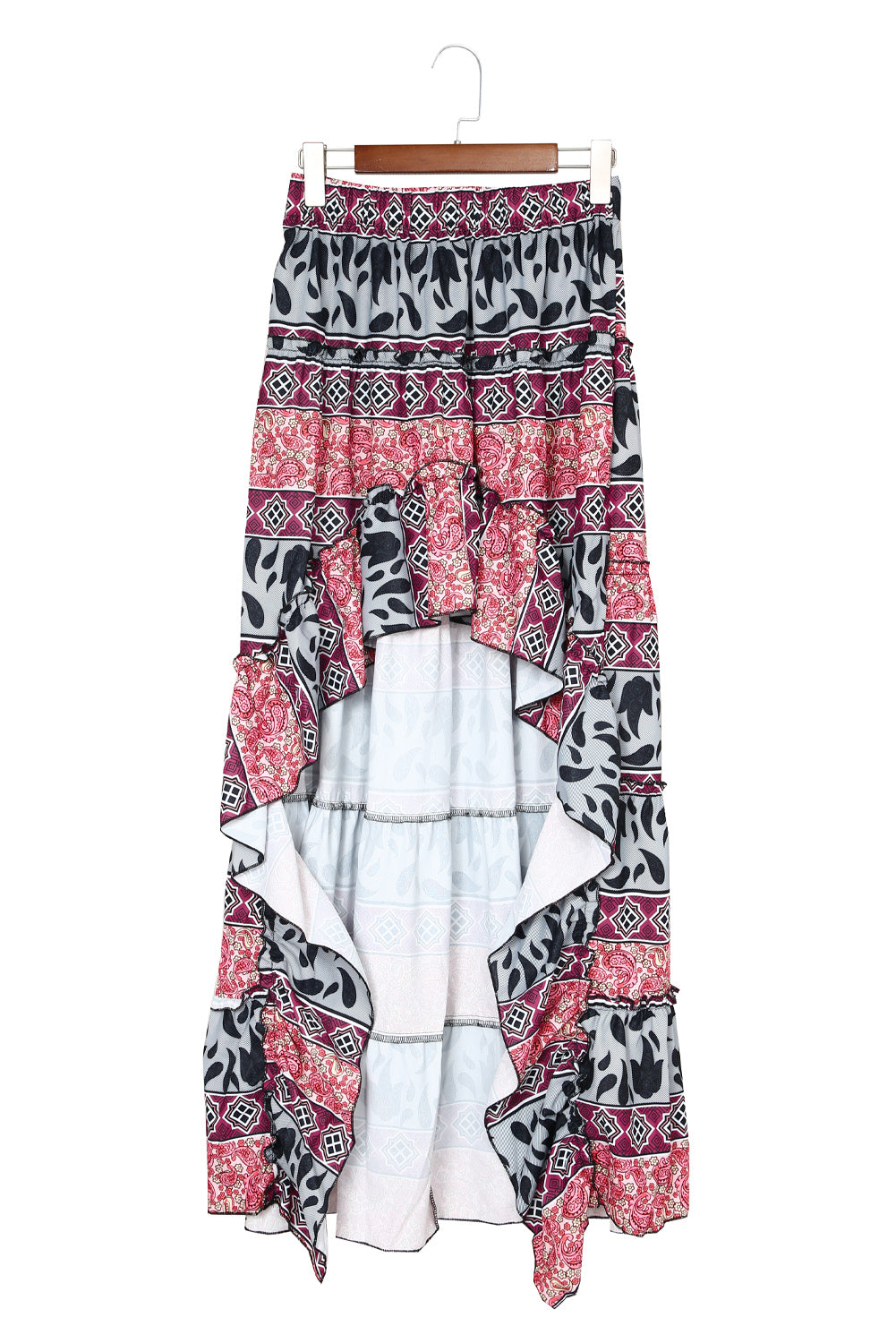 Tropical Floral Print Tiered Ruffle High Low Skirt