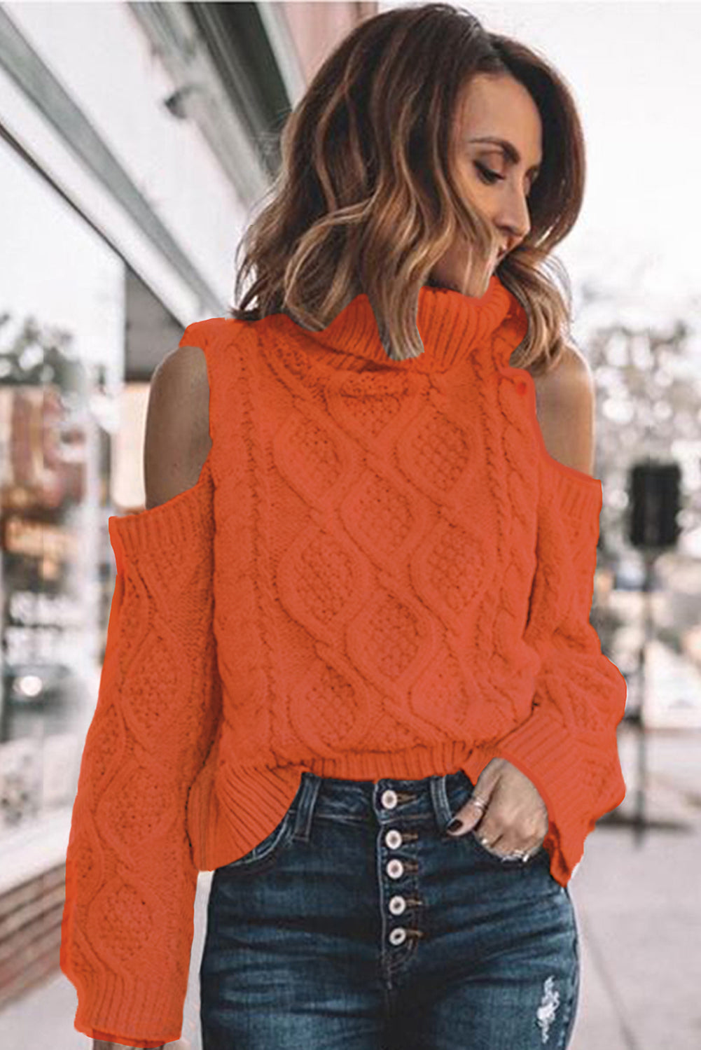 Turtleneck Cold Shoulder Textured Sweater