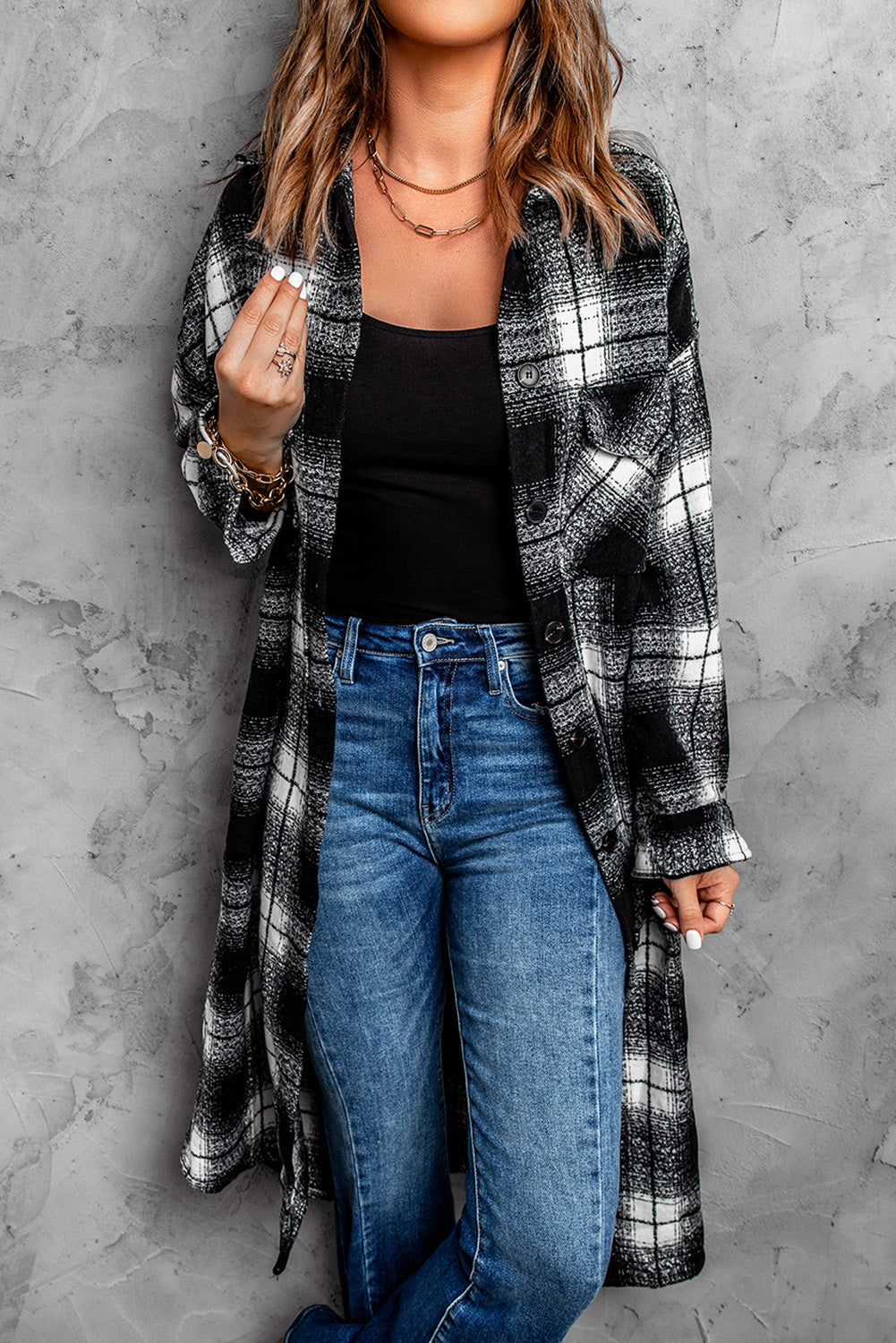 Plaid Print Buttoned Pocketed Long Sleeve Long Coat
