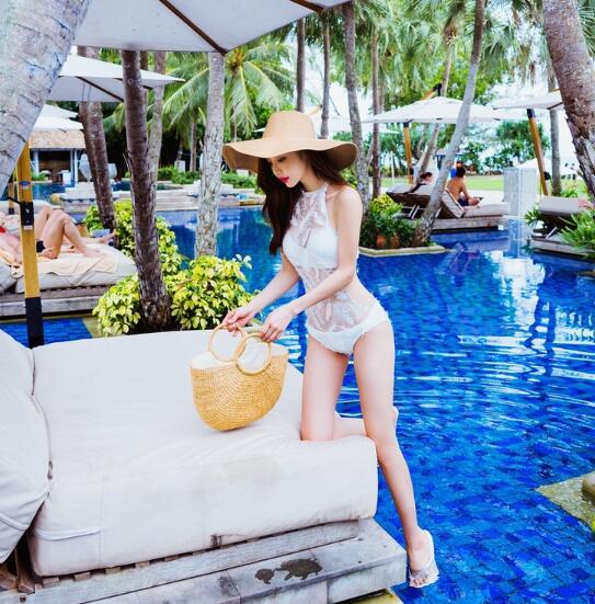 Ladies Feather Lace Halter Triangle One Piece Swimsuit Slim