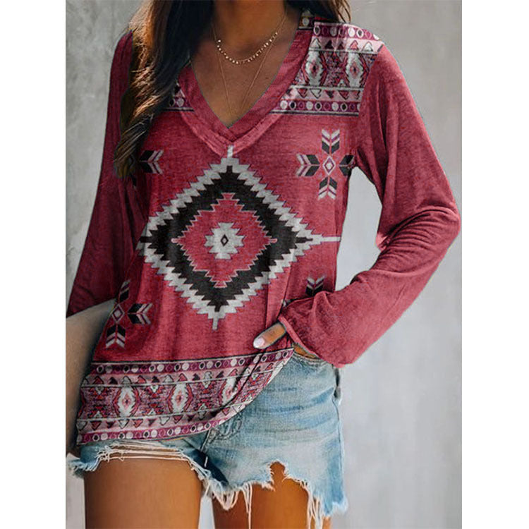 Top Ethnic Orientation Print Long Sleeve T-Shirt Women