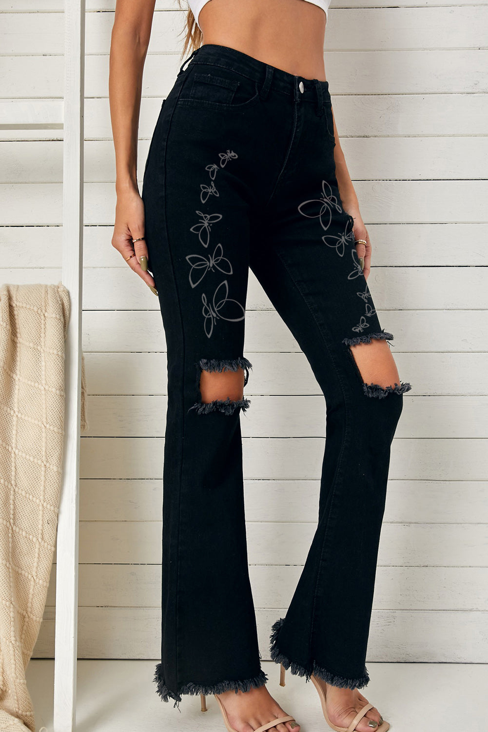 High Waist Ripped Bell Bottom Jeans