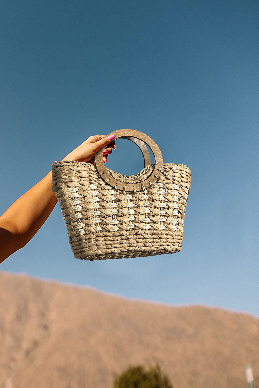 Khaki Round Handle Pastoral Straw Bag
