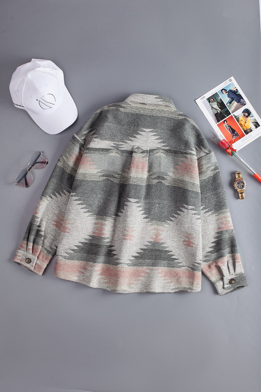 Distressed Aztec Print Lapel Long Sleeve Button Shirt Jacket