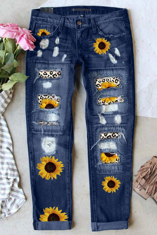 Sunflower Leopard Pattern Patchwork Distressed Jeans