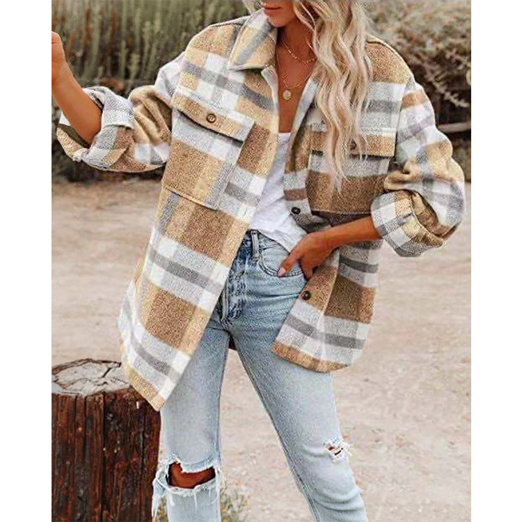 Women's Long Sleeve Lapel Loose Plaid Thickened Wool Jacket