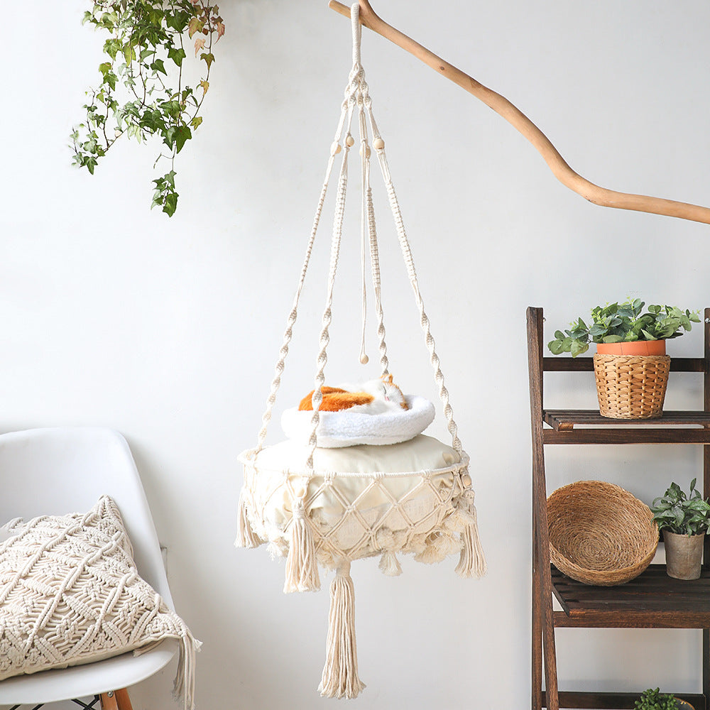 Macrame Cat Hammock, Handwoven Hanging Cat Bed, Boho Cat Swing With Hanging Kit For Indoor Outdoor Home Decor Hang On Wall Cat Hammock Bed For Sleeping, Playing, Climbing And Lounging