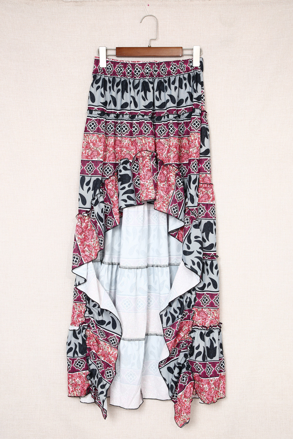 Tropical Floral Print Tiered Ruffle High Low Skirt