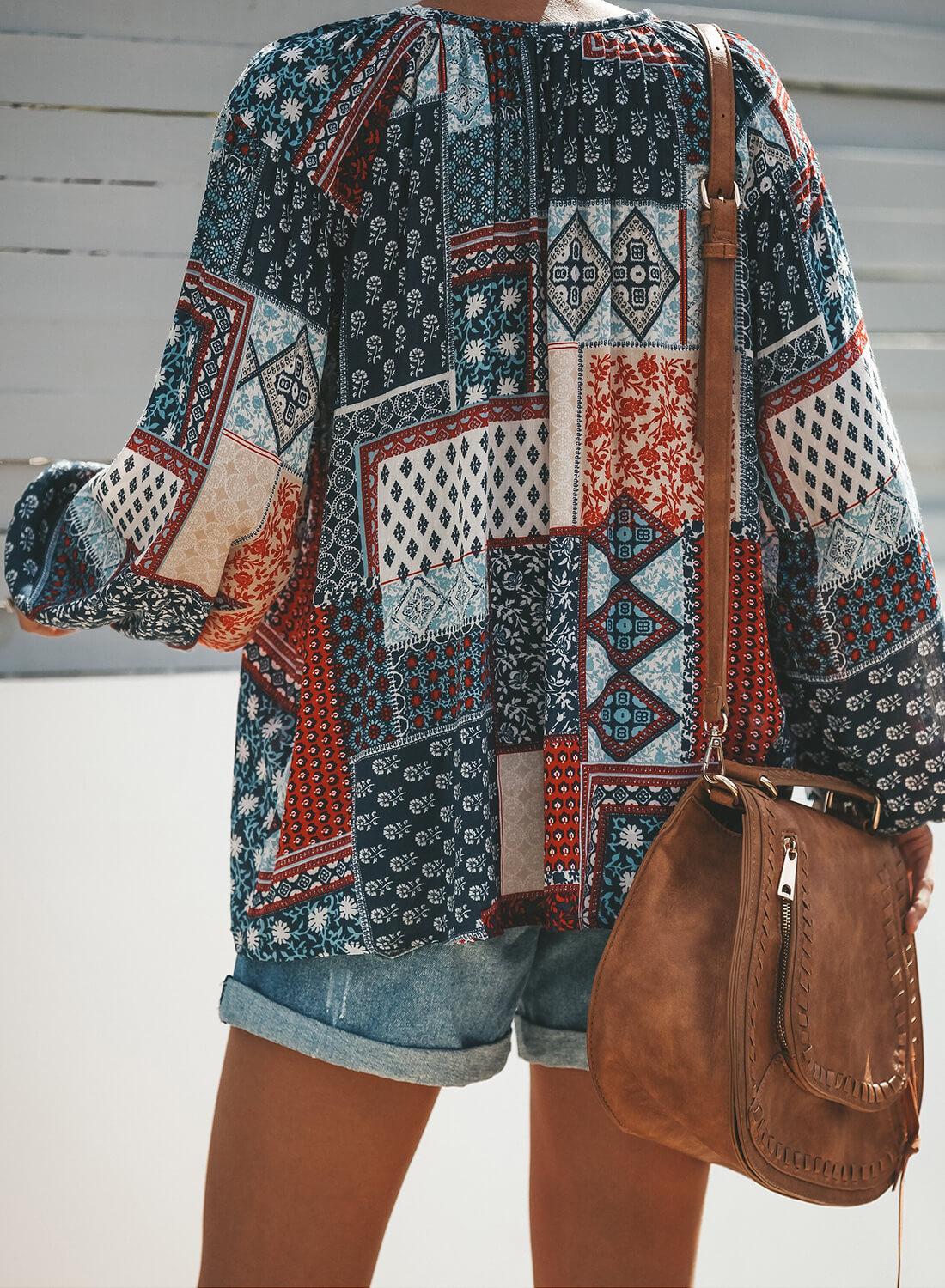 Multicolor Floral Print Peasant Blouse