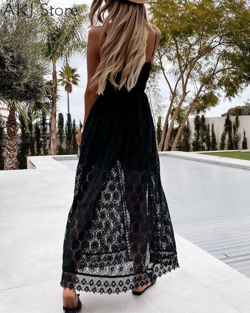 Women V-Neck Spaghetti Strap Irregular Playsuit Solid Color Crochet Lace Hollow Sleeveless Romper